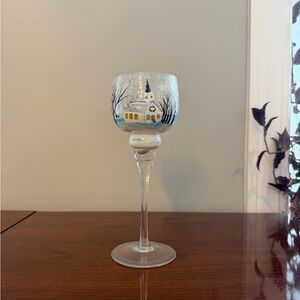 Yankee Candle Winter Church crackle glass goblet votive holder.